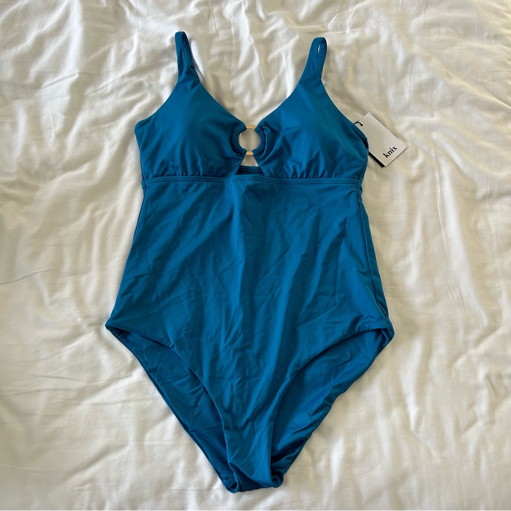 Knix Blue and Gold One-Piece Swimsuit V-Neck Keyhole